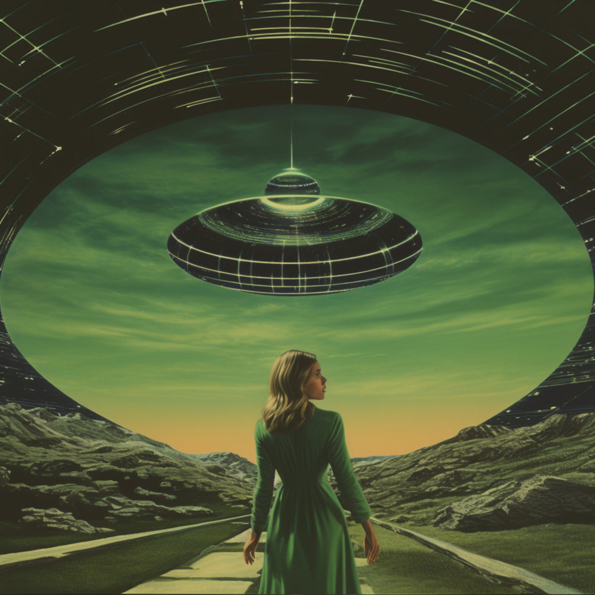 Green UFO Collage Art Poster och Canvastavla