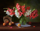 Still life with gladioli and peaches Poster och Canvastavla