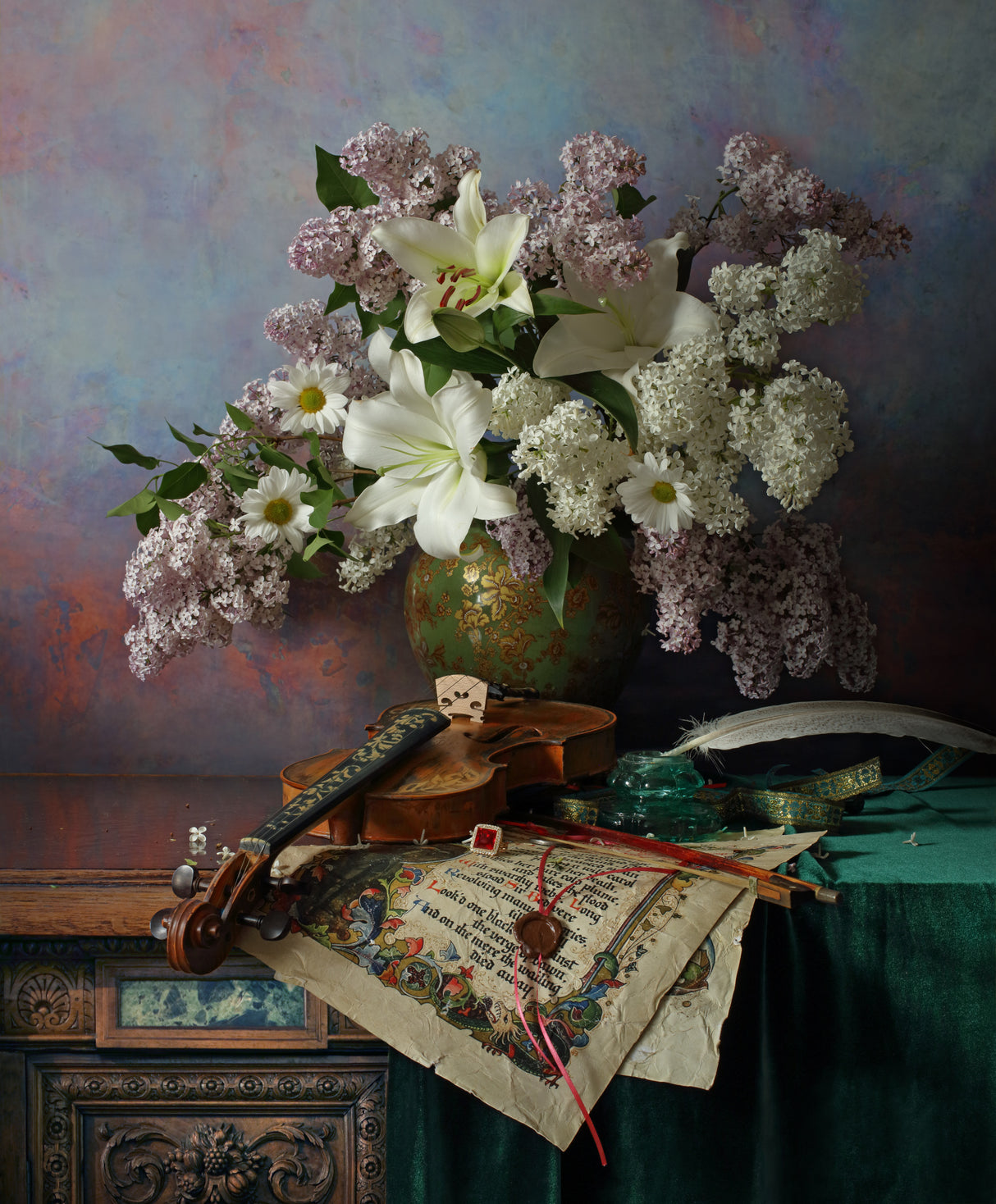 Still life with violin and flowers Poster och Canvastavla