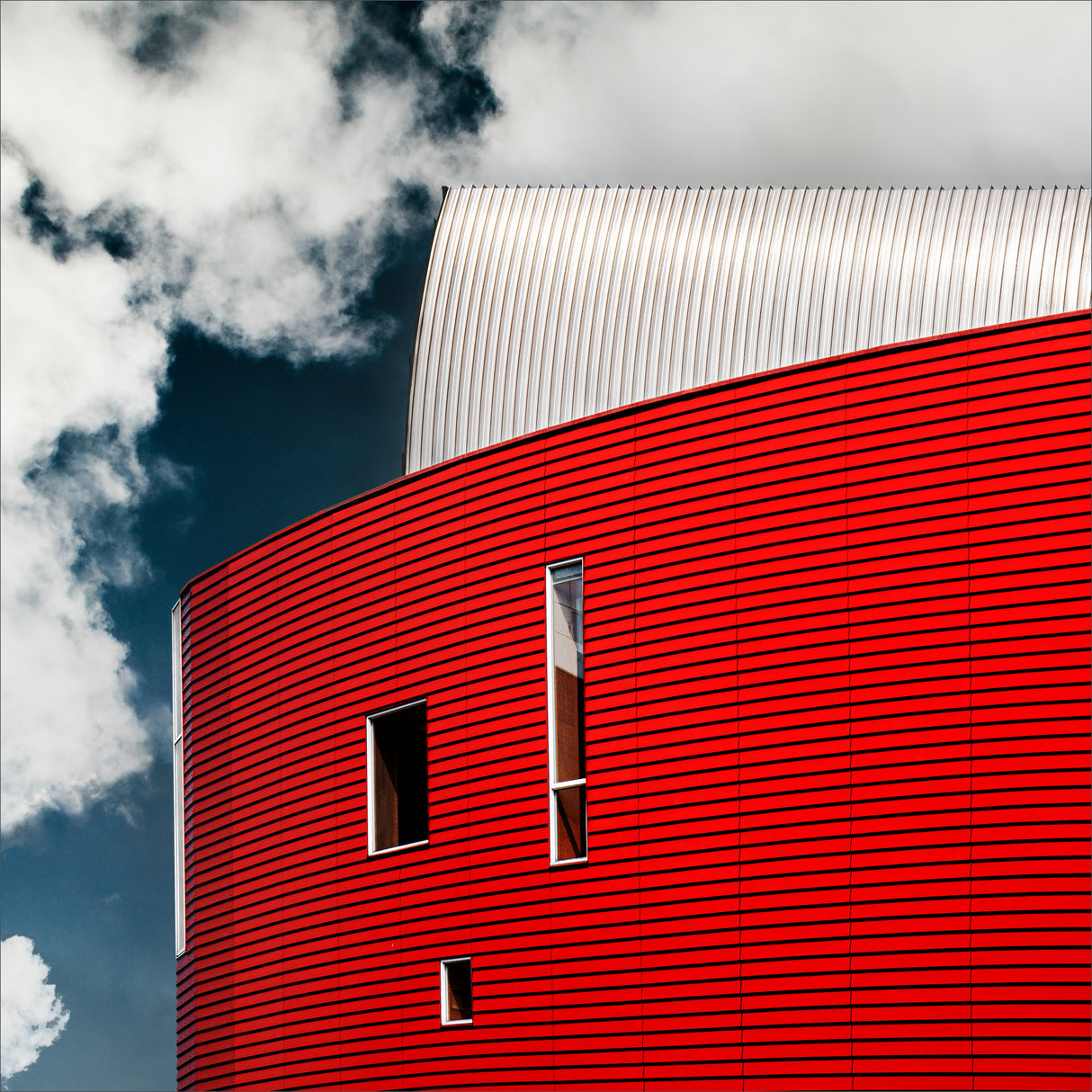 Three tiny windows in red wall Poster och Canvastavla