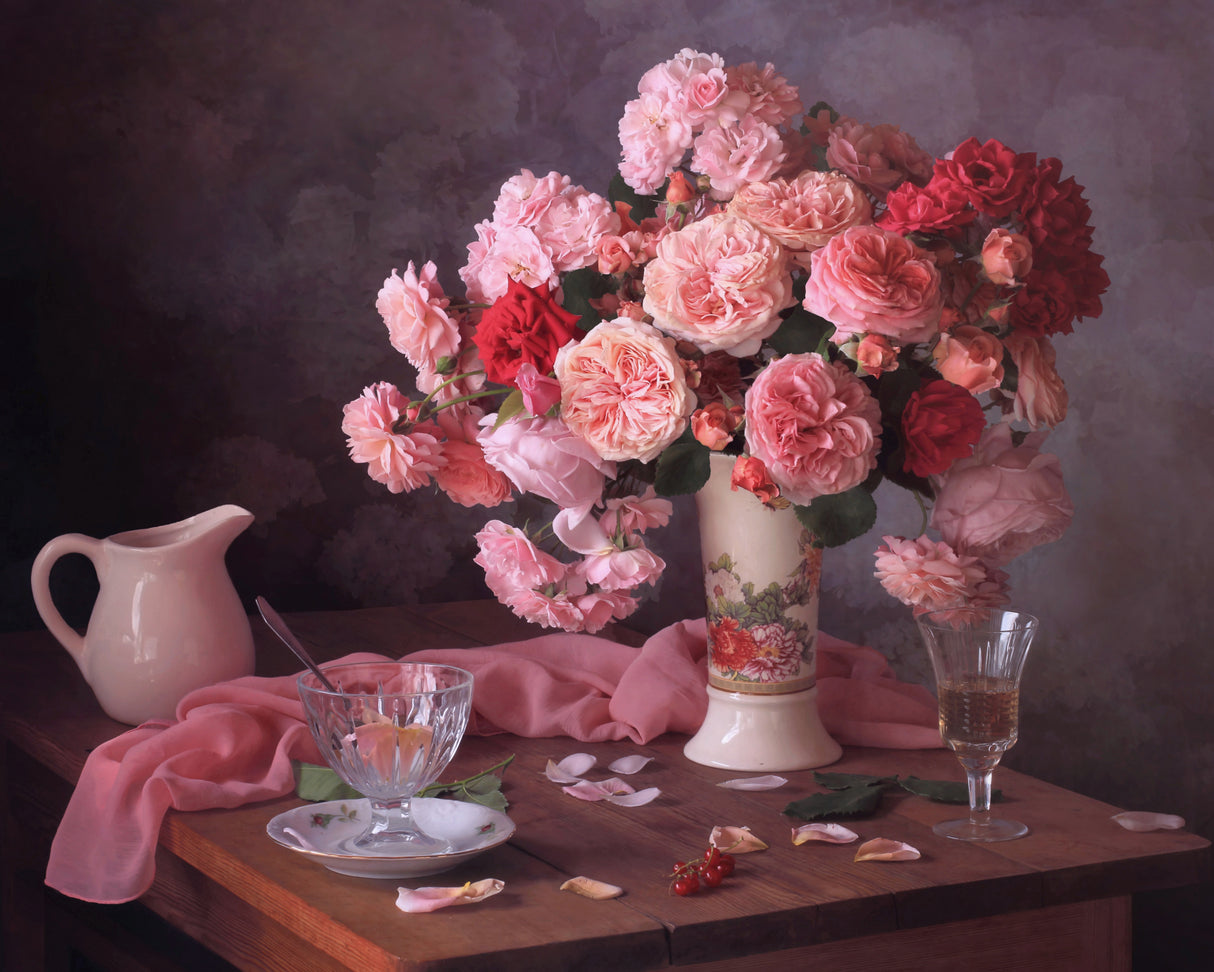 Still life with a bouquet of roses and wine Poster och Canvastavla