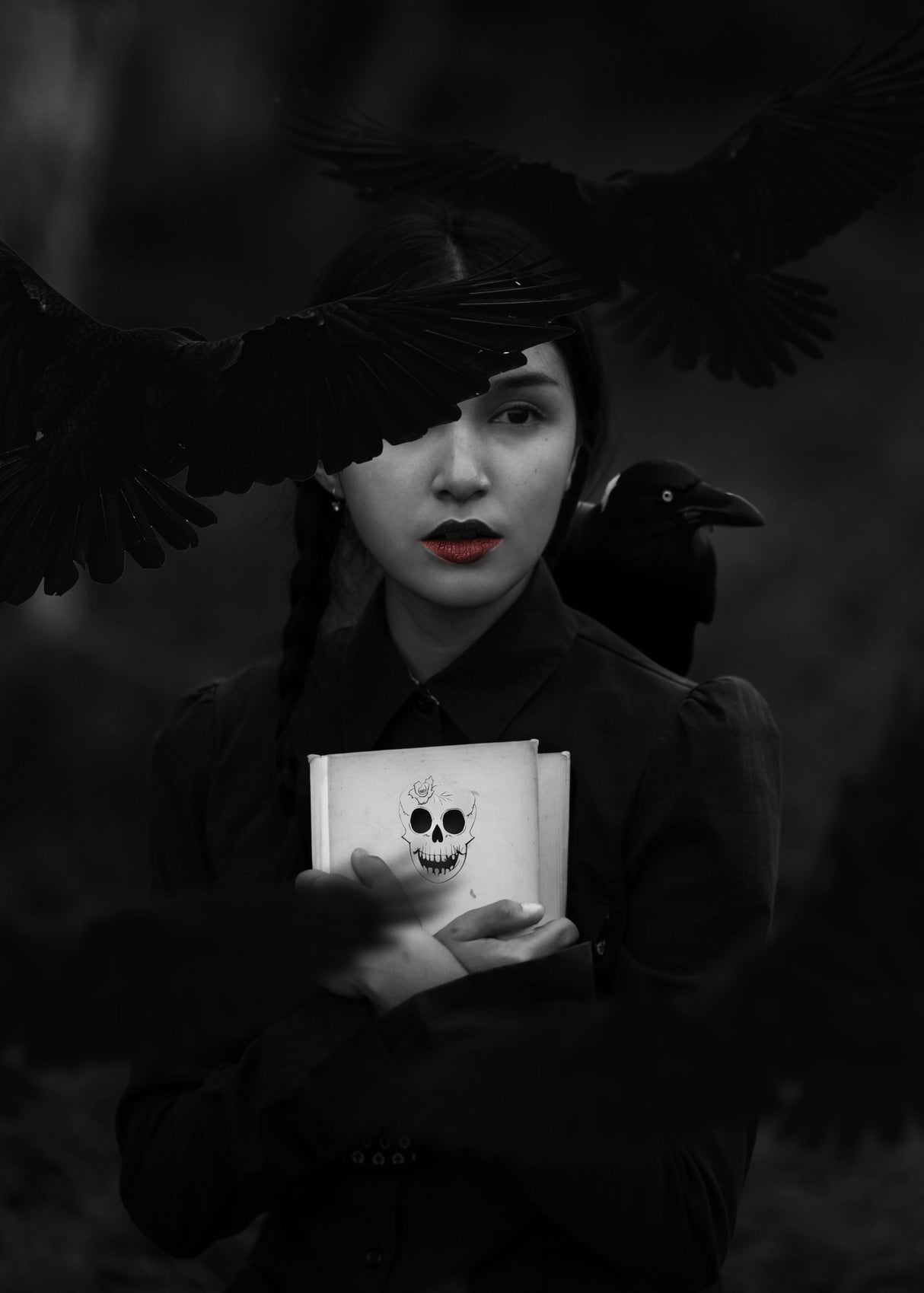 Girl Raven Black and White Poster och Canvastavla
