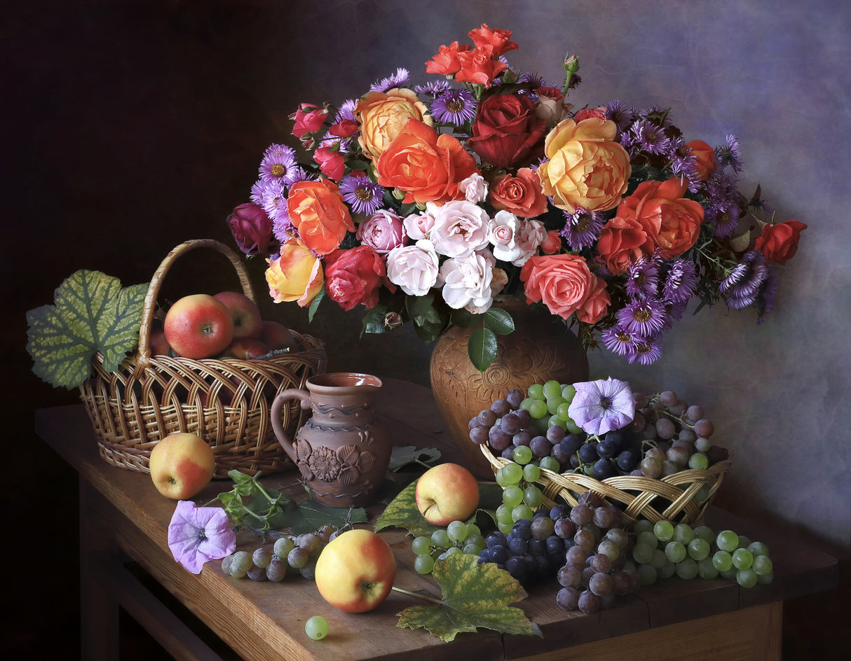 Still life with autumn bouquet and fruits Poster och Canvastavla