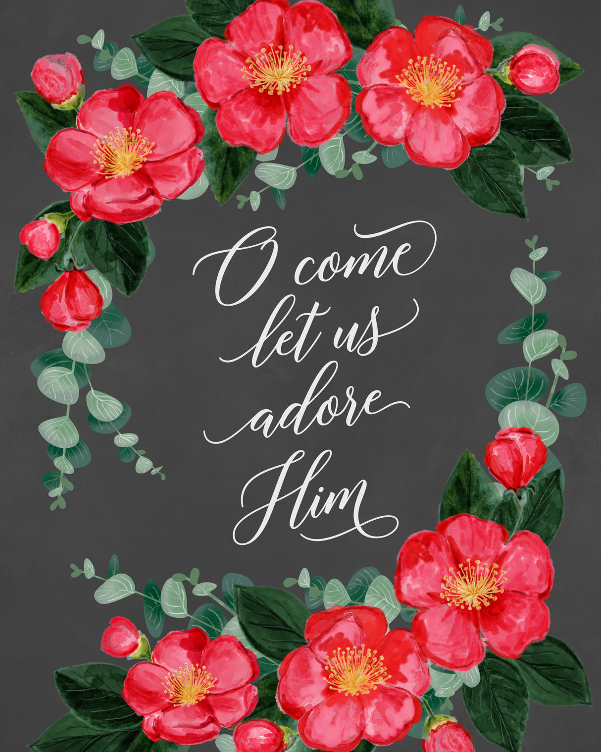 Watercolor camellias Let us adore Him Poster och Canvastavla