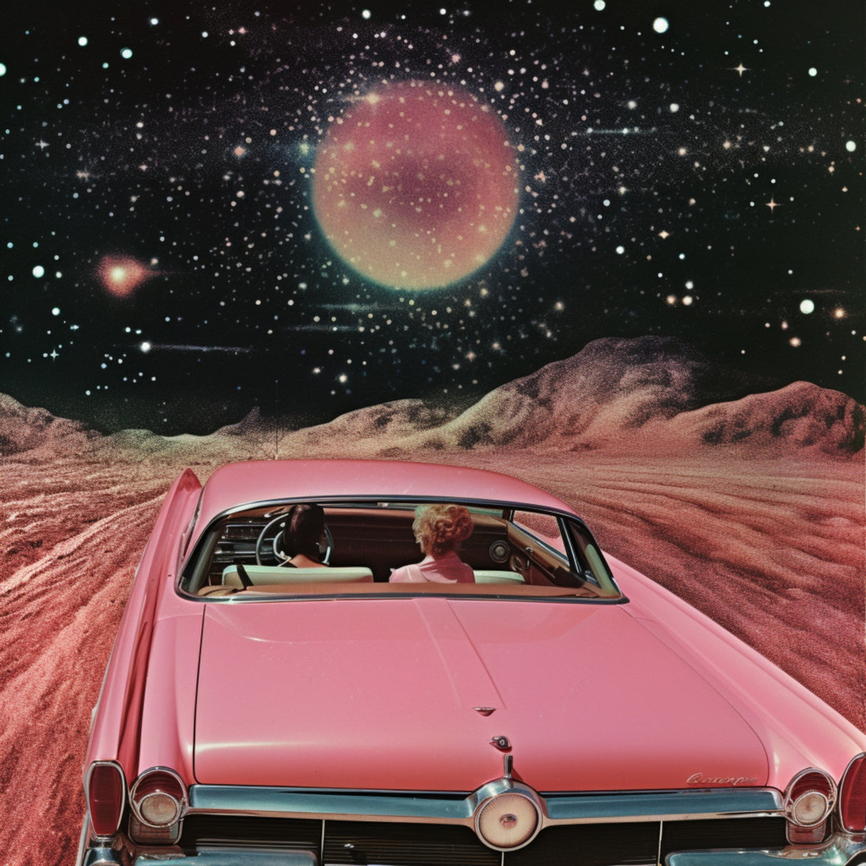 Pink Vintage Car in Space Collage Art Poster och Canvastavla