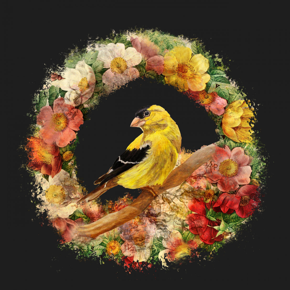 Goldfinch In Flowers Garland.png Poster och Canvastavla