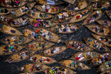 Boats filled with travelers crossing the river to their workplace Poster och Canvastavla