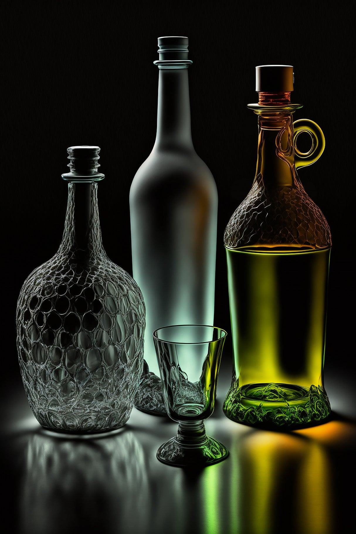 3 Empty Bottles and 1 Glass Poster och Canvastavla