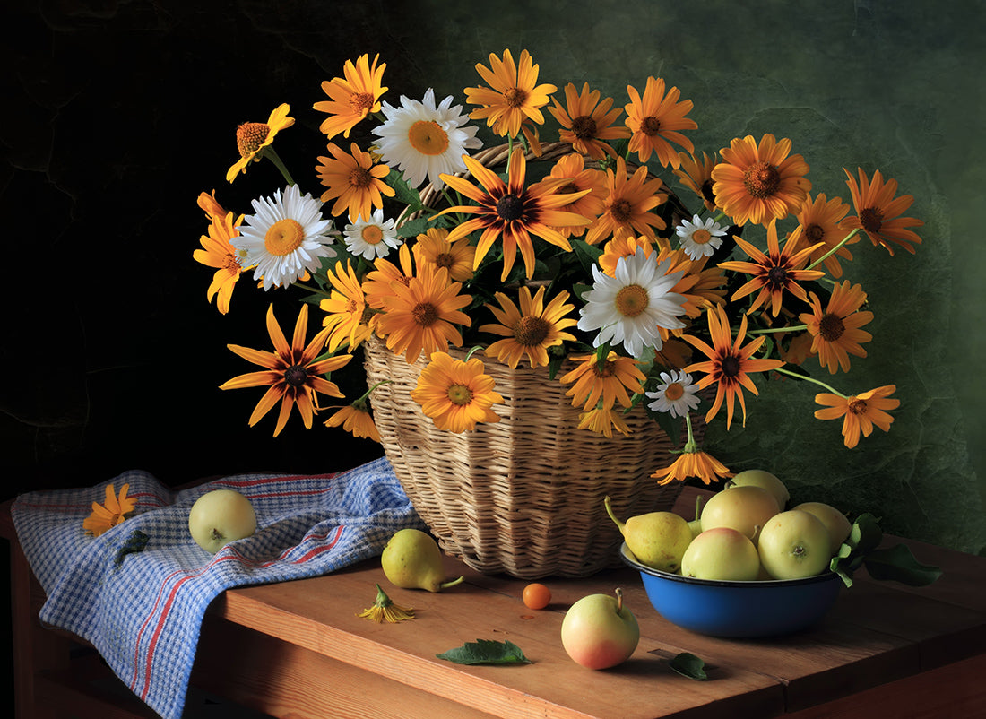 Still life with a basket of summer flowers and apples Poster och Canvastavla