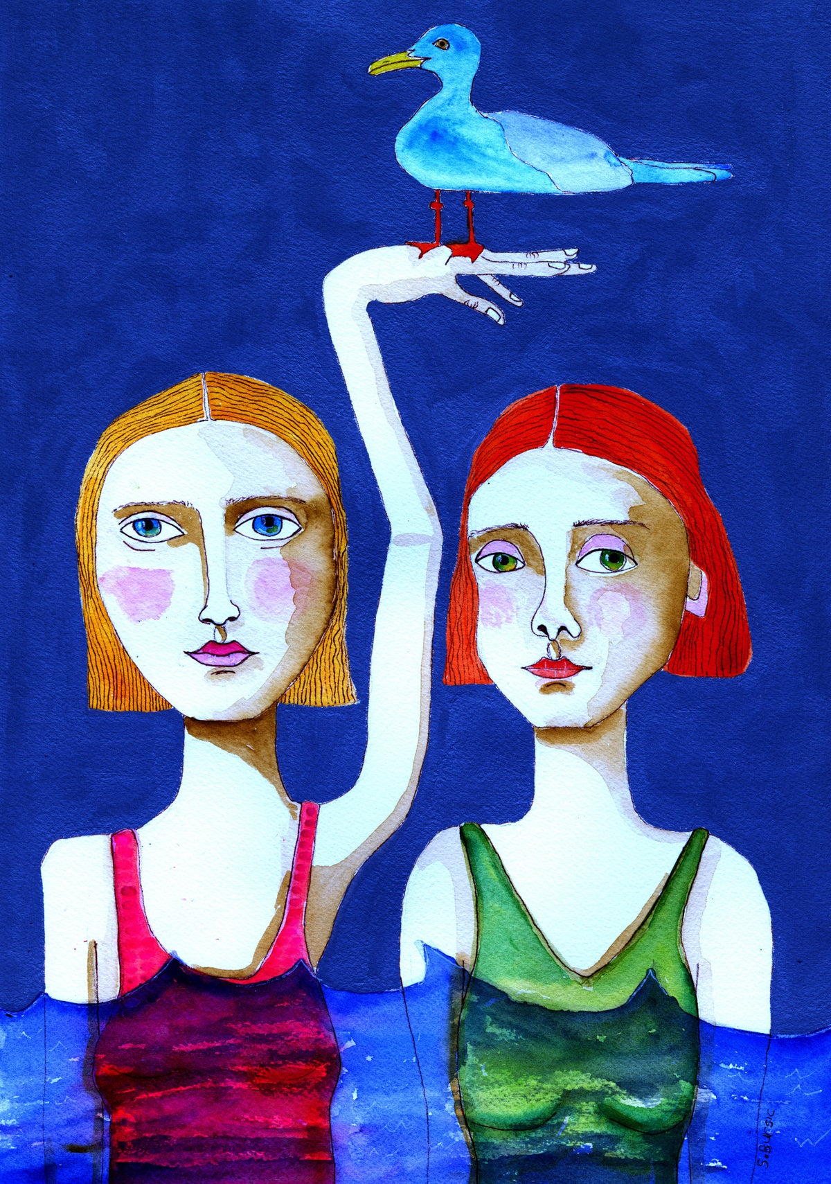 Swimming Ladies with Blue Bird Poster och Canvastavla