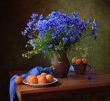 Still life with a bouquet of cornflowers and apricots Poster och Canvastavla