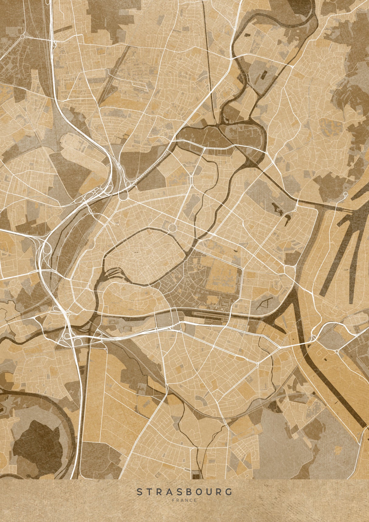 Sepia vintage map of Strasbourg France Poster och Canvastavla