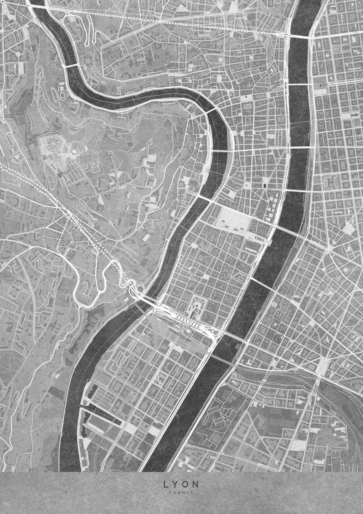 Gray vintage map of Lyon downtown France Poster och Canvastavla
