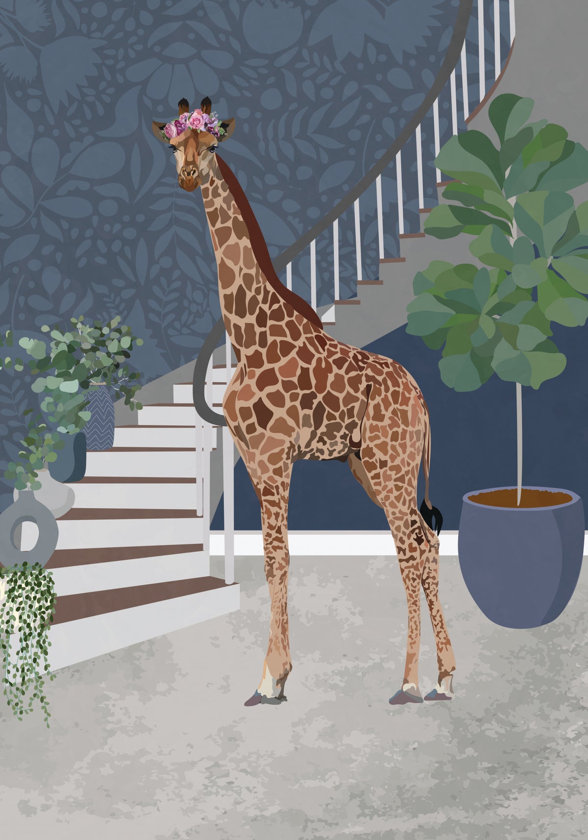 Giraffe by the stairs Poster och Canvastavla
