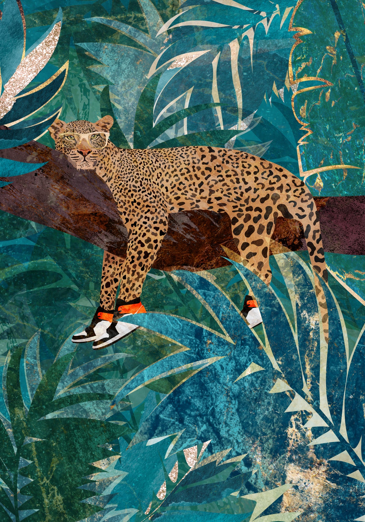Leopard wearing sneakers in jungle Poster och Canvastavla