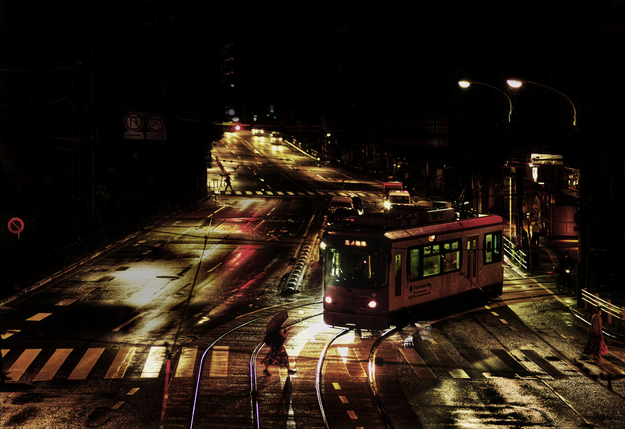 Tram at night Poster och Canvastavla