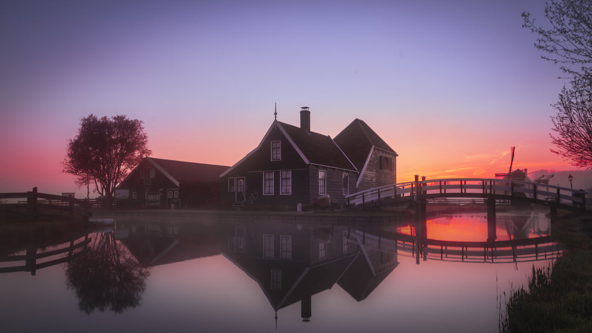 Amanecer con niebla en Zaanse Schans Poster och Canvastavla
