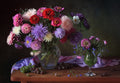 Still Life with Asters and Zinnias Poster och Canvastavla