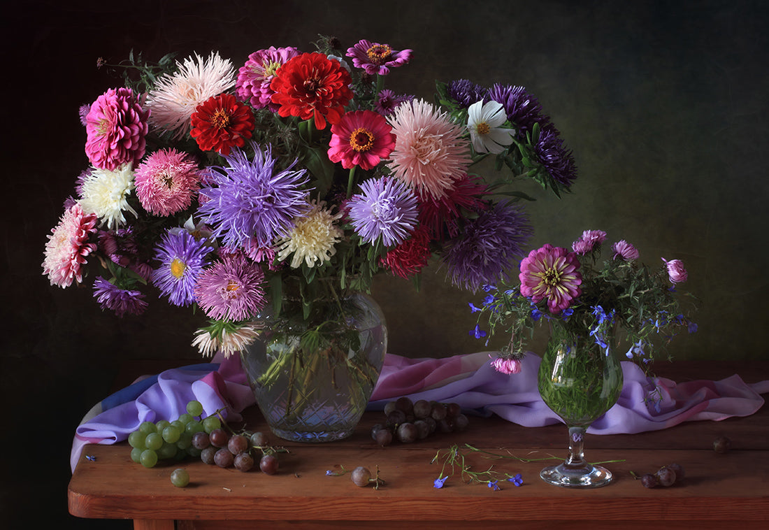 Still Life with Asters and Zinnias Poster och Canvastavla