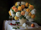 Still life with a bouquet of roses and peonies Poster och Canvastavla