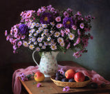 Still life with a bouquet of chrysanthemums and fruits Poster och Canvastavla
