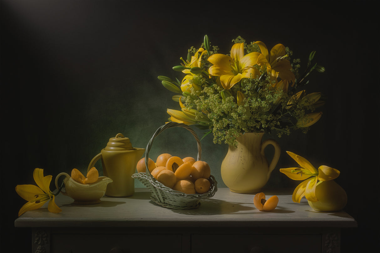 Yellow Lilies and Peaches Poster och Canvastavla