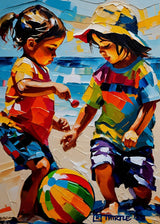 Boy and Girl Playing On The Beach Poster och Canvastavla