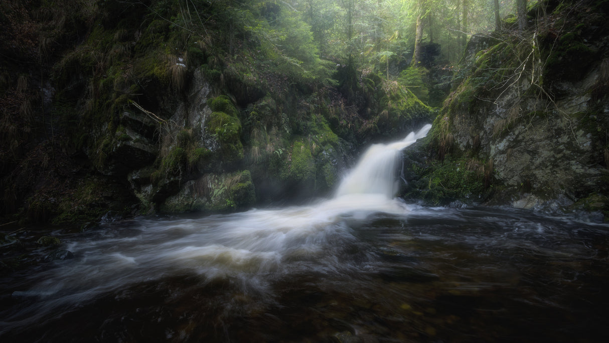 Hidden waterfall in the forest unveils its beauty Poster och Canvastavla