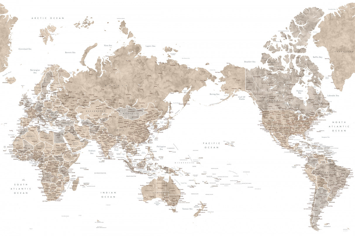 Pacific centered world map in taupe Poster och Canvastavla