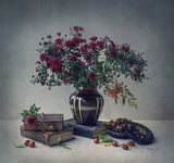 Chrysanthemums, old books and chinese date Poster och Canvastavla