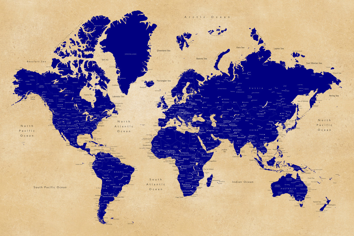 Rustic world map with cities, Korinne Poster och Canvastavla