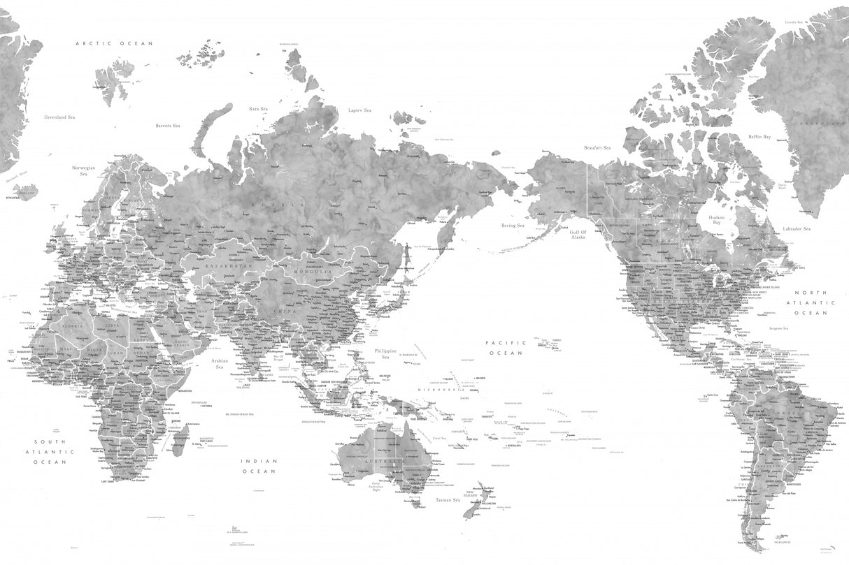 Pacific centered world map in gray watercolor Poster och Canvastavla