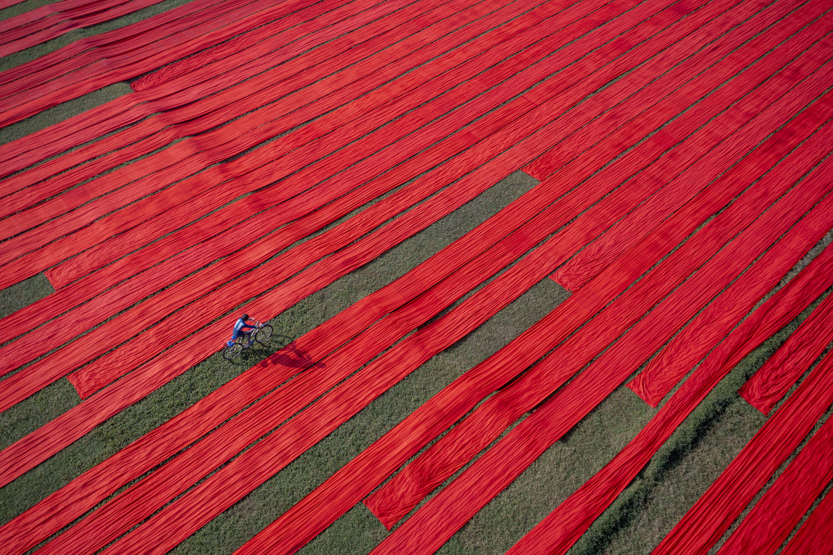 Bicyclist on the red fabrics Poster och Canvastavla
