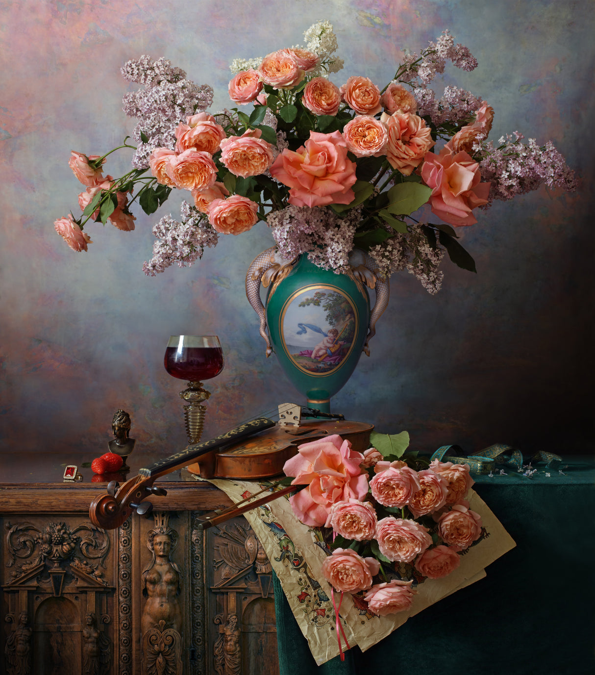 Still life with violin and roses Poster och Canvastavla