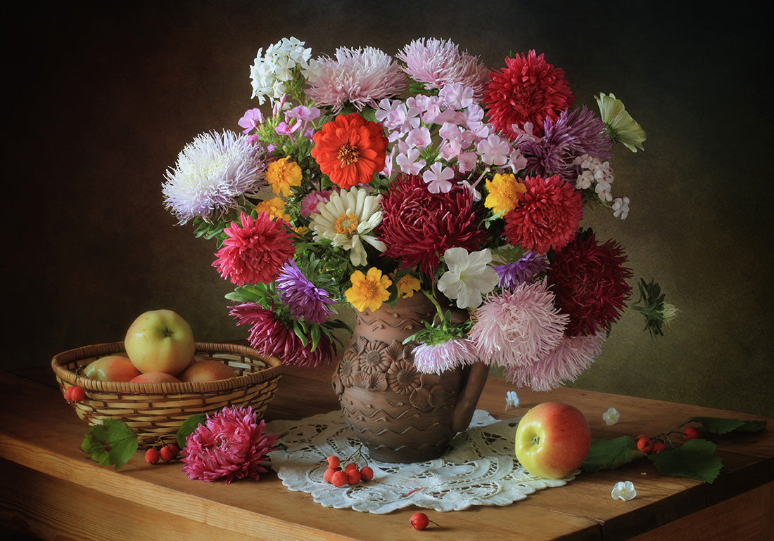Still life with a bouquet of flowers and apples Poster och Canvastavla