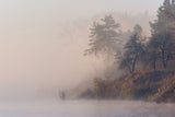 Foggy autumn morning on the river Poster och Canvastavla