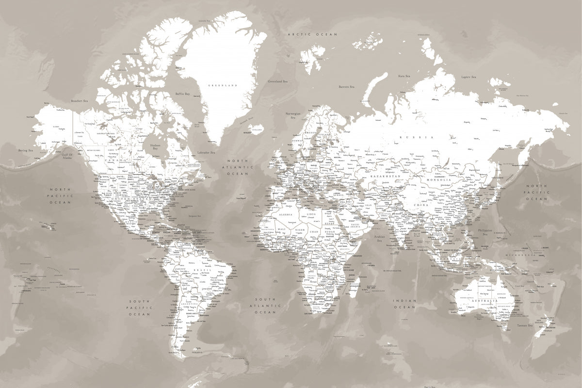 Detailed world map with cities, Orien Poster och Canvastavla