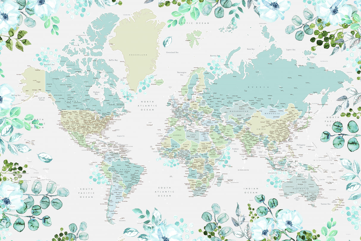 Detailed world map with cities and florals, Marie Poster och Canvastavla