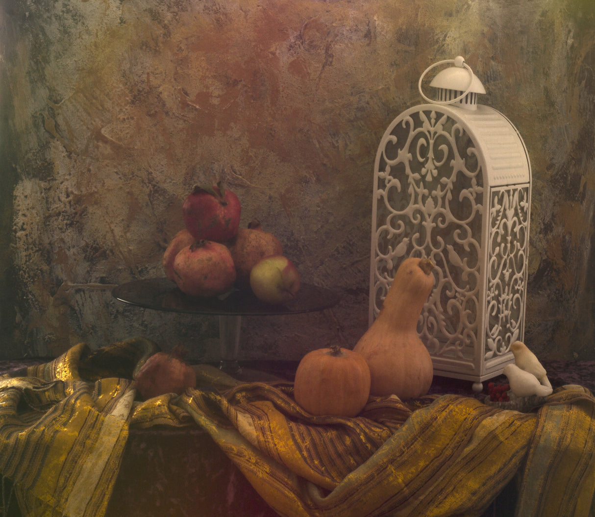 still life a Lamp and Pumpkins Poster och Canvastavla