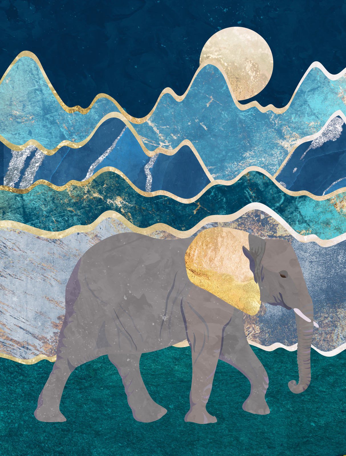 Metallic Elephant in the Moonlit Mountains Poster och Canvastavla