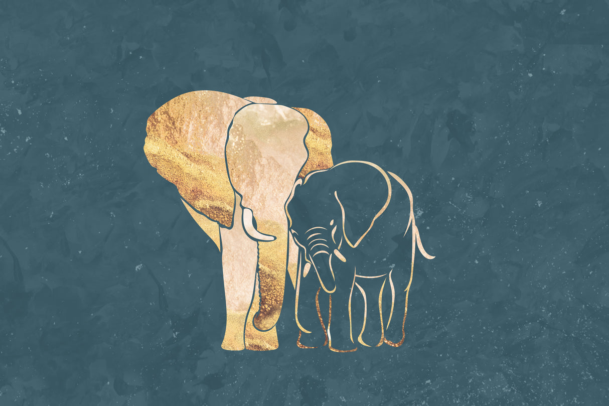 Elephant mum baby gold Poster och Canvastavla