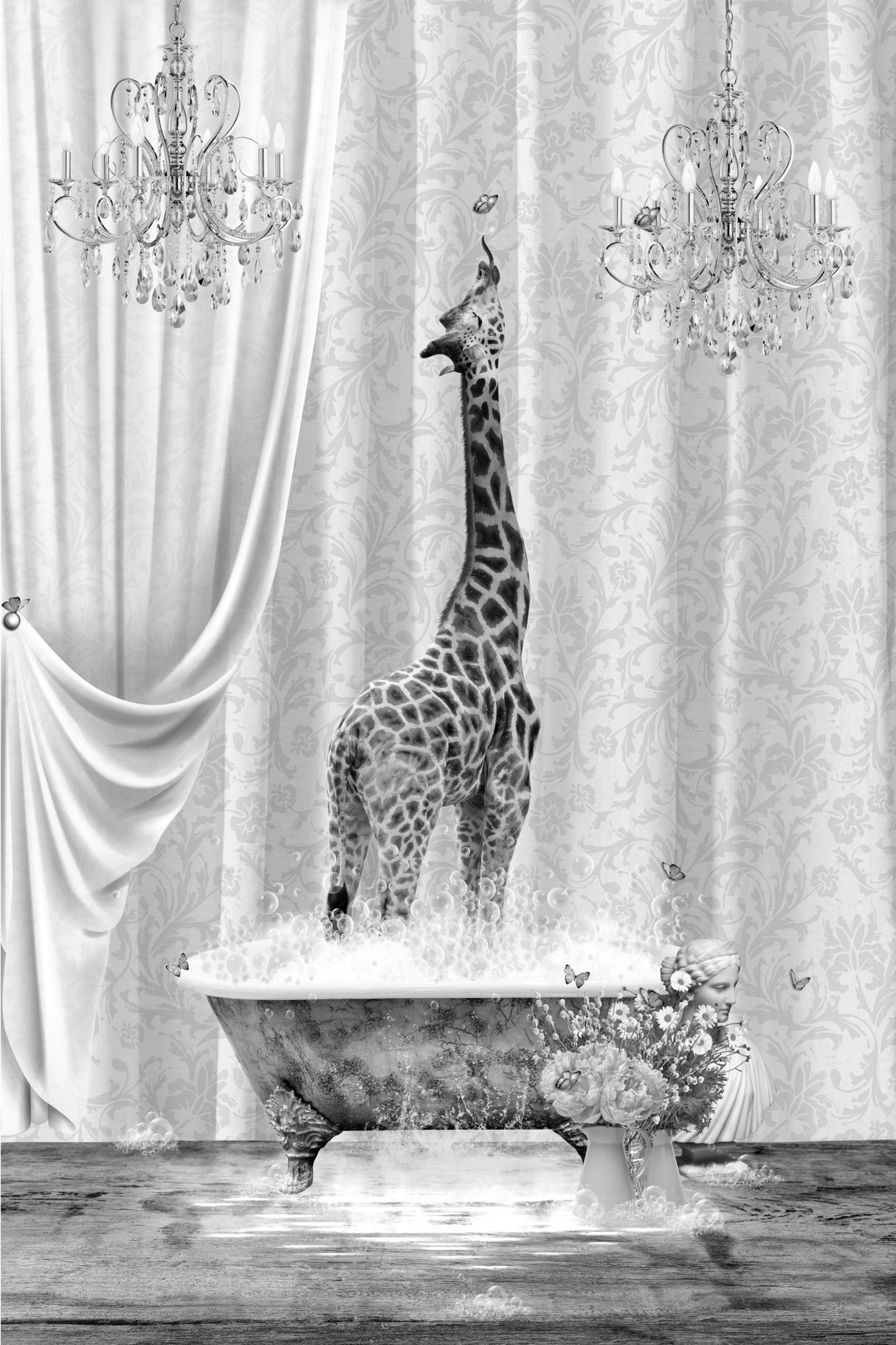 Giraffe &amp; Bubbles Black &amp; White Poster och Canvastavla