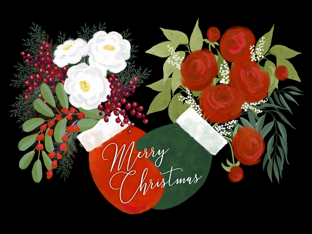 Floral mittens Merry Christmas in black Poster och Canvastavla