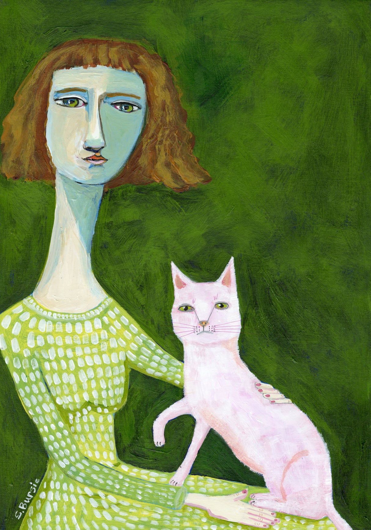 Cat Lady with pink cat Poster och Canvastavla