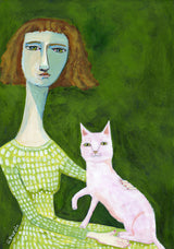 Cat Lady with pink cat Poster och Canvastavla