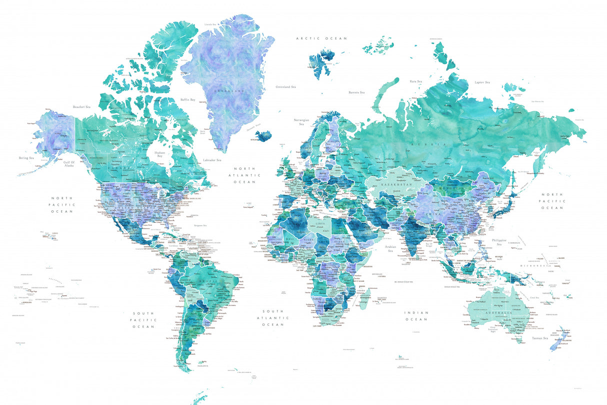 Detailed world map with cities, Caribbean waters Poster och Canvastavla