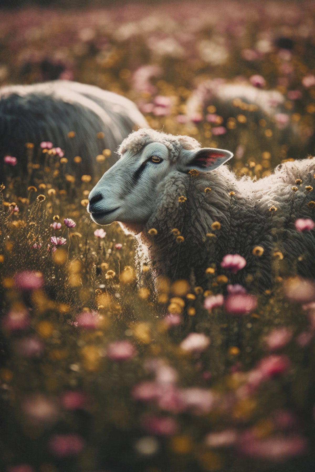 Sheeps inf flower field Poster och Canvastavla