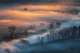 Sunrise light in the foggy valley Poster och Canvastavla