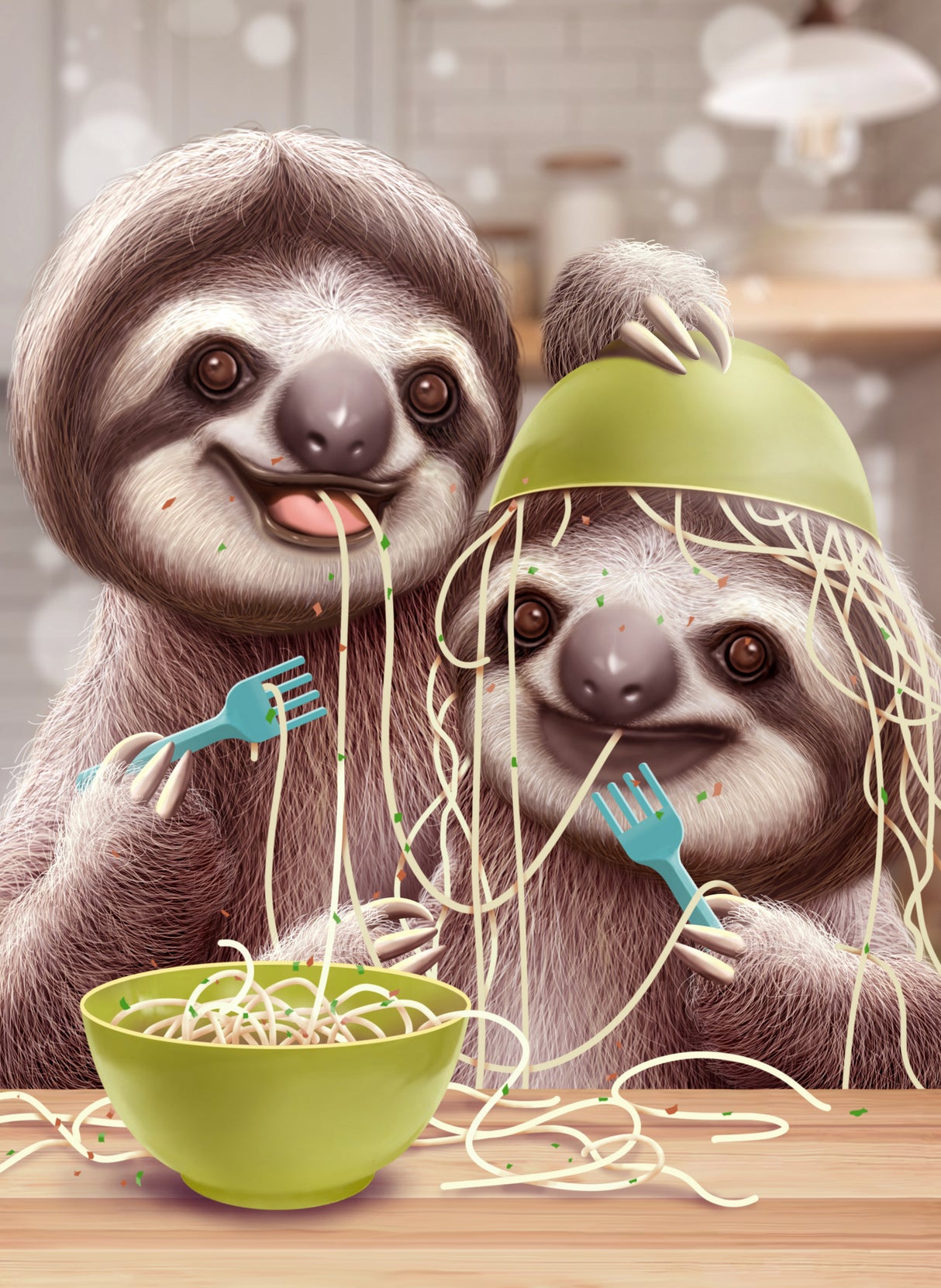 YOUNG SLOTH EATING SPAGETTI Poster och Canvastavla