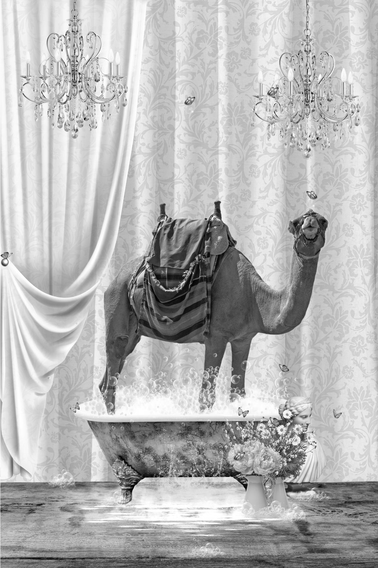 Camel &amp; Bubbles Black &amp; White Poster och Canvastavla